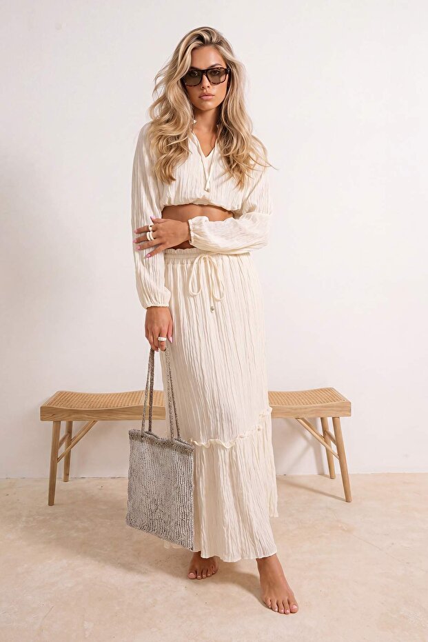 Beyaz Dokuma Maxi 100% Pamuk Plaj Bluz Pantolon Takım TBESS26AU00101