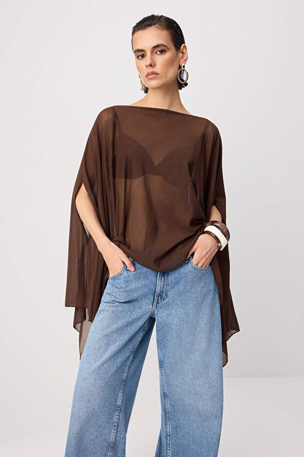 Trendyolmilla  Kahverengi Regular/Normal Kalıp Pelerin Tül Esnek Örme Bluz TWOSS26BZ01039 - Görsel 3