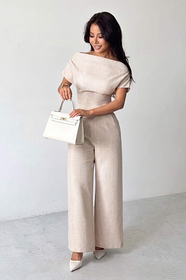Bej Kayık Yaka Fitted Bluz Geniş Paça Pantolon Dokuma Alt - Üst Takım TWOSS26AU00293 - 2