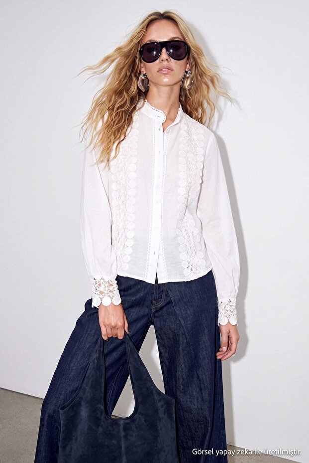 White Appliqué Ribbon and Lace Accessory Detailed Padded Shirt Tdrss26Go00129