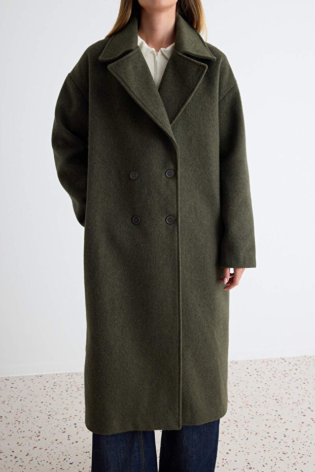 Haki Oversize Geniş Kesim Uzun Yünlü Kaşe Kaban TWOAW21KB0038 - 3