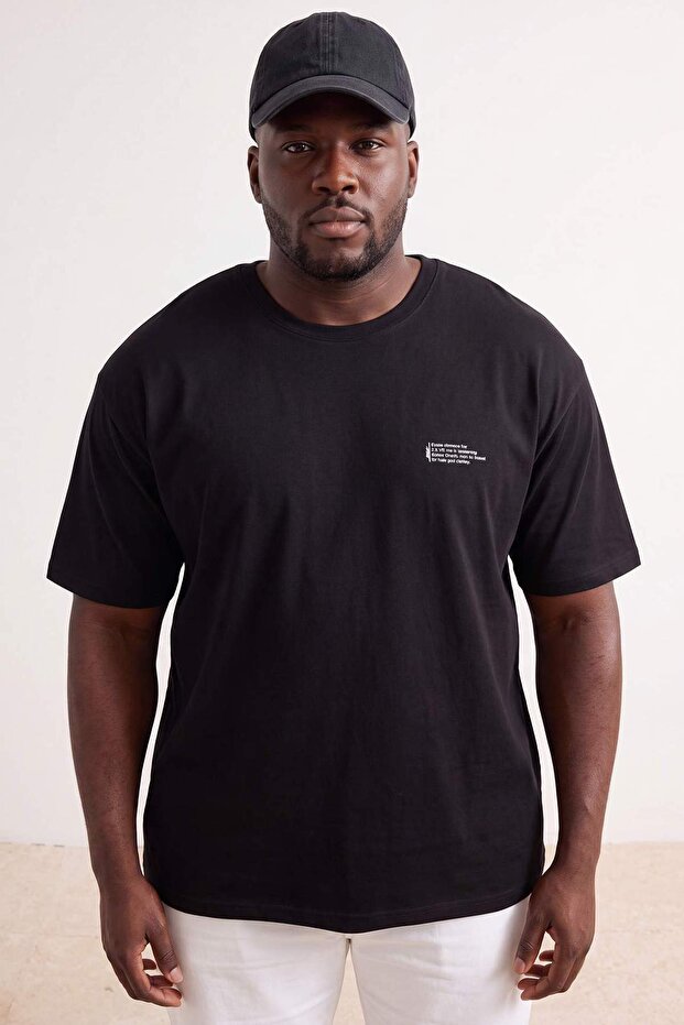 Big Size Black Oversize/Wide 100% Cotton Slogan Printed T-Shirt Tmnss26Bf00004