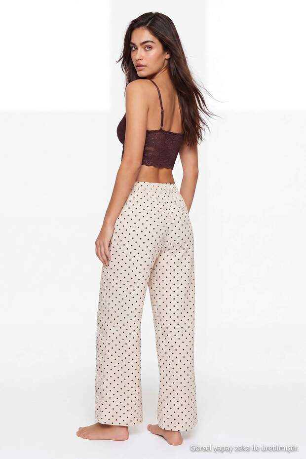 Ekru-Kahverengi 3'lü Çeyiz Set Üst Dantel, Alt Saten Askılı Külotlu Dokuma Pijama Takımı THMAW26PT00077 - 7