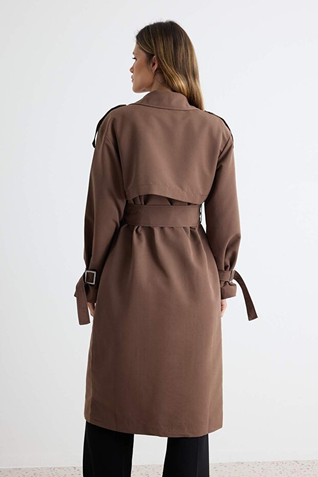 Kahverengi Oversize Kuşaklı Trençkot TWOSS21TR0005 - 4