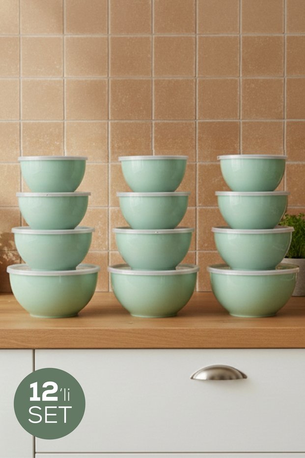 Set of 12 Round Bowls Mint Green | 1L, 1.5L, 2.3L, 3.3L | Kitchen Storage Container with Lid