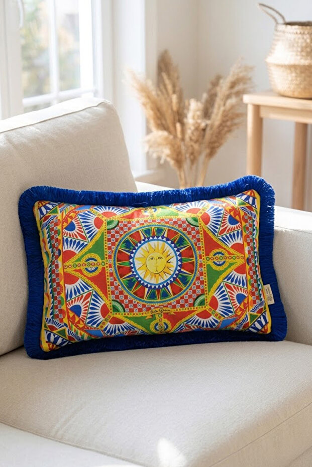 Navy Blue Tasseled, Milano Pattern Decorative 30X50Cm Rectangular Throw Pillow Cover