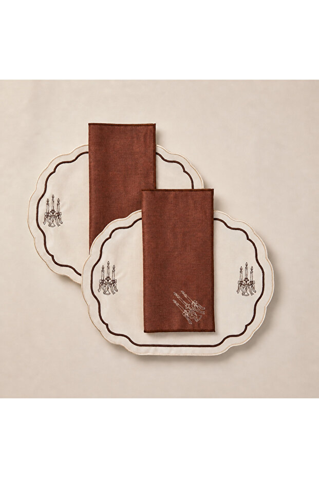 4 Piece 2-Person Candlestick Embroidered Tableware Set – 2 Placemats 43X30 + 2 Linen Napkins