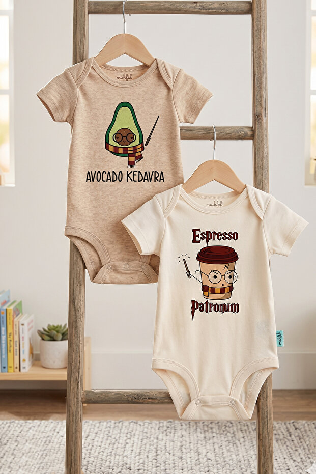 Pack of 2 100% Cotton Short Sleeve''Avacado'' Organic Printed Snap Fastener Baby Bodysuits