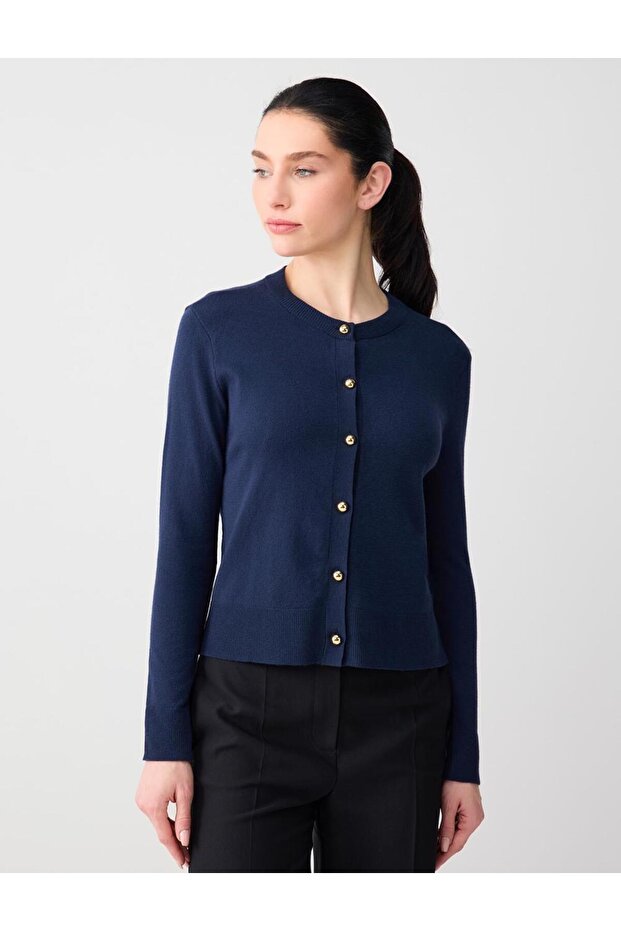 Navy Blue Round Neck Long Sleeve Button Detailed Knitwear Cardigan