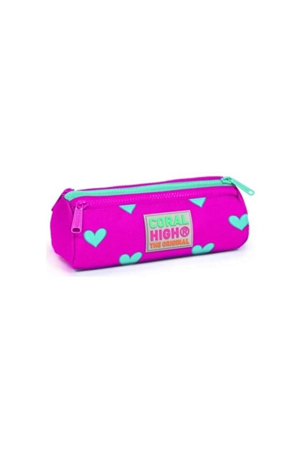Kids Neon Pink Water Green Heart Patterned Three Compartment Pencil Bag 22317