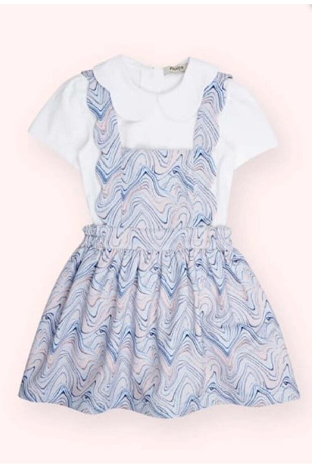 Baby Girl Set with Wave Patterned Gilet and Short-Sleeved T-Shirt, 0-5 Years Old, Blue