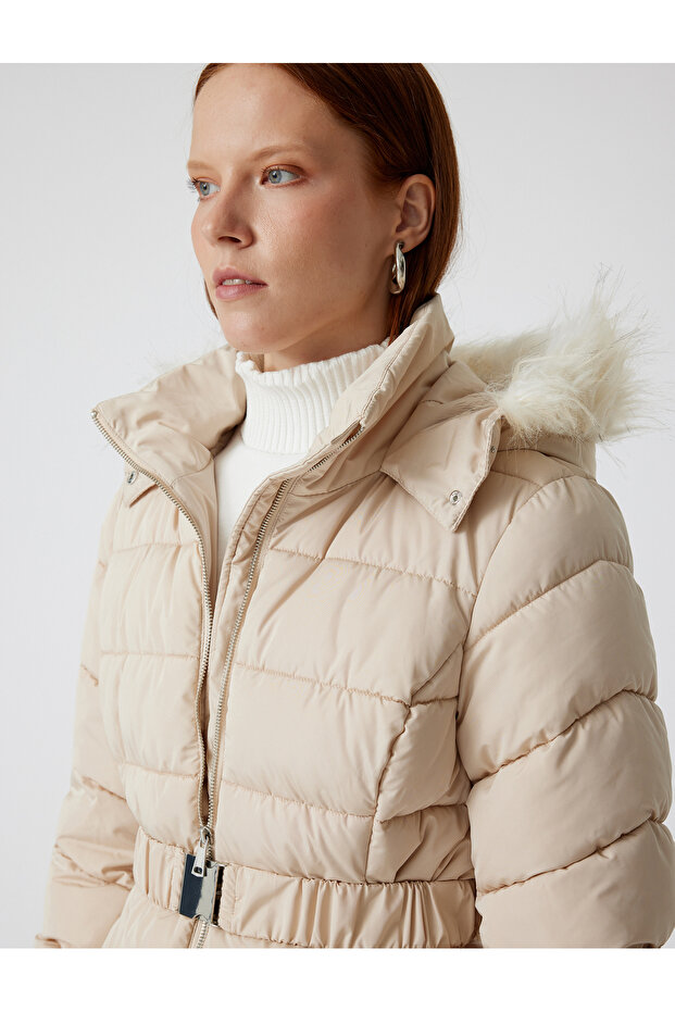 Quilted Puffer Coat Hooded Faux Fur Collar with Belt