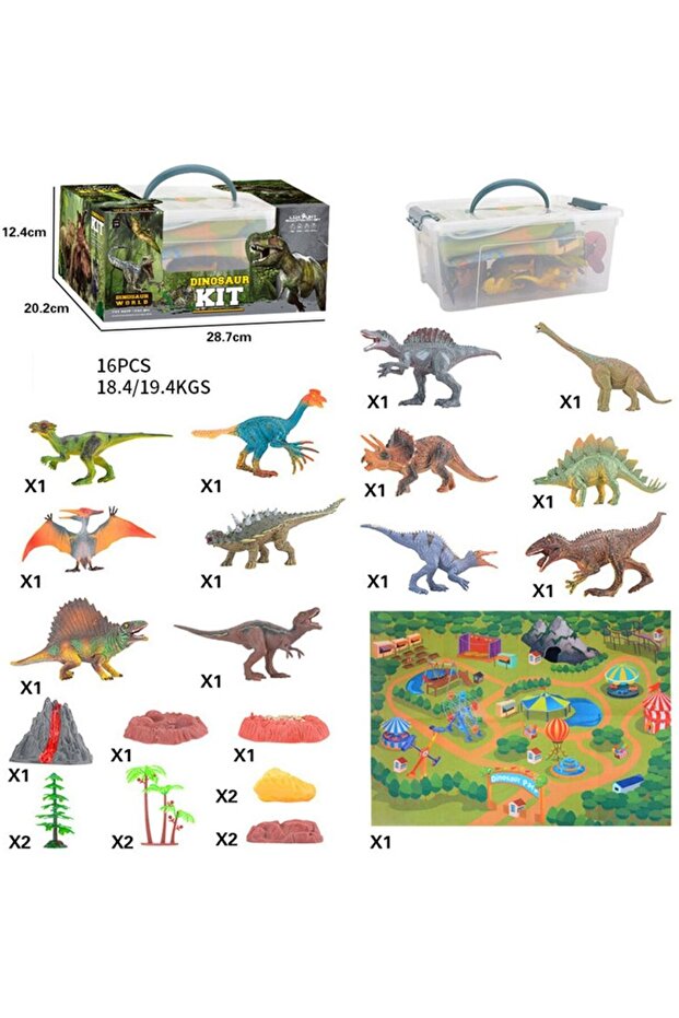 Dinosaur Play Set with Map, Figures, Volcano, Trees & Stones, Educational Gift for Kids