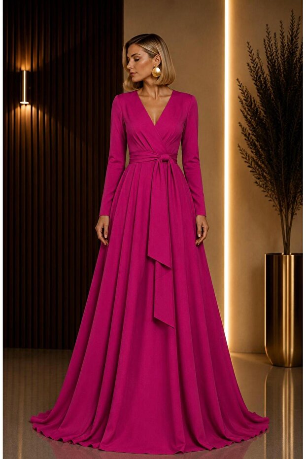 Maxi Boy Double-Breasted Stylish Crepe Dress with Closed Belt Cou-13