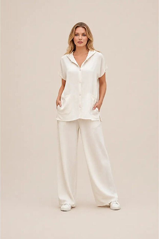 Hooded Shirt Pantalon Linen Set