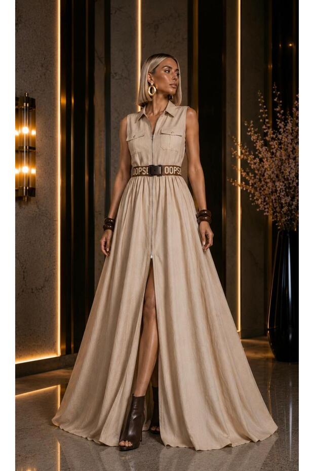 Maxi Boy Zipper Detailed Stylish Gabardine Dress Cou-94