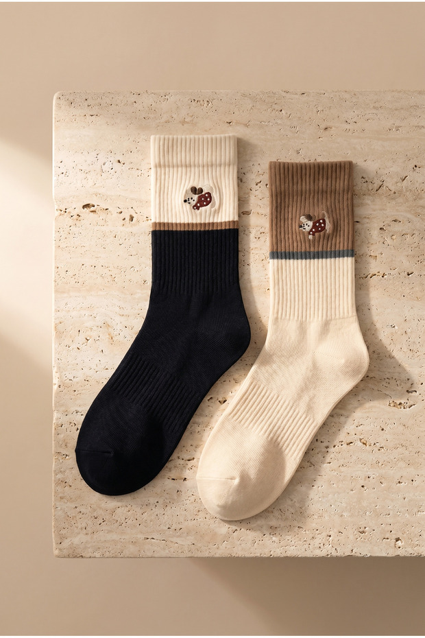 Unisex 2-Piece Dog Embroidered Socks Ecru Mix