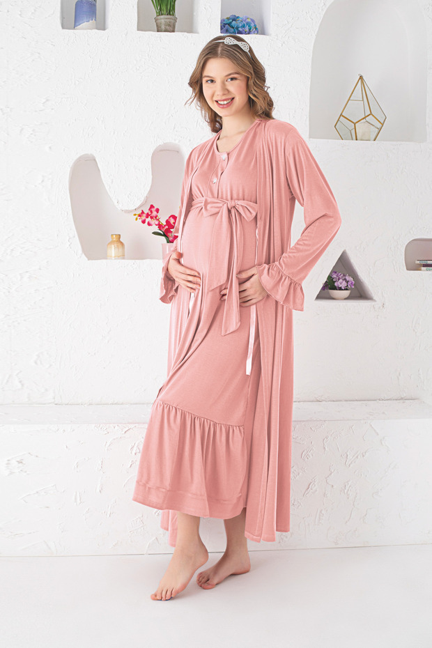 Maternity Viscose 2-Piece Long Sleeve Nightgown Set with Button Detail at the Collar and Robe