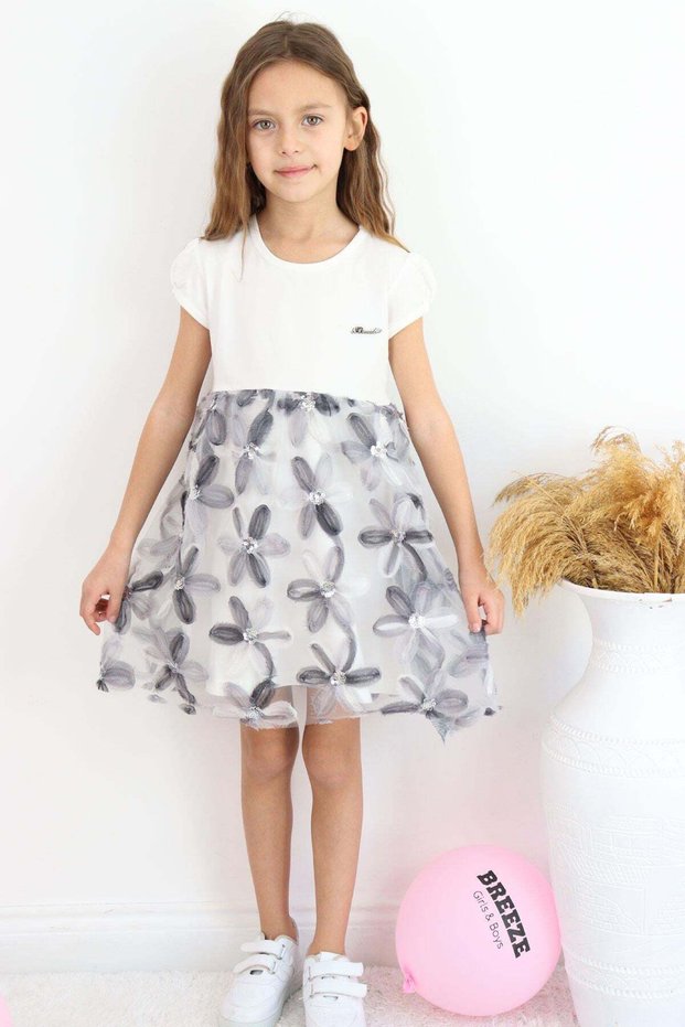 Girl's Dress with 3D Daisy Flower Applique and Sequin Detail, Ages 4-9, Ecru