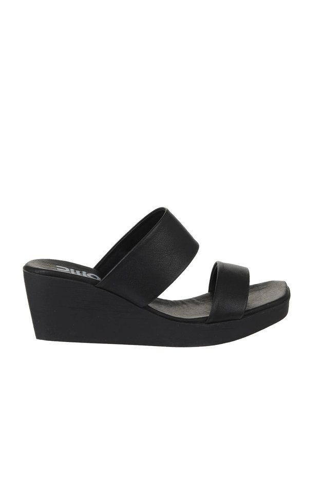 Black Leather Women's Wedge Heel Piece Set Slipper 01Wy2409