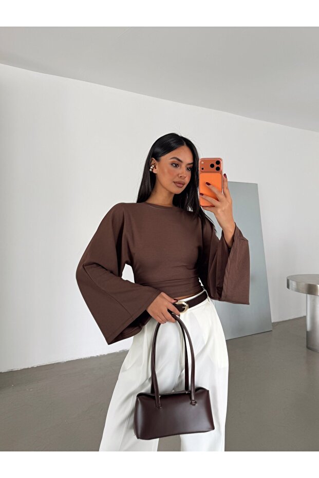 Batwing Sleeve Gathered Waist Blouse - Brown