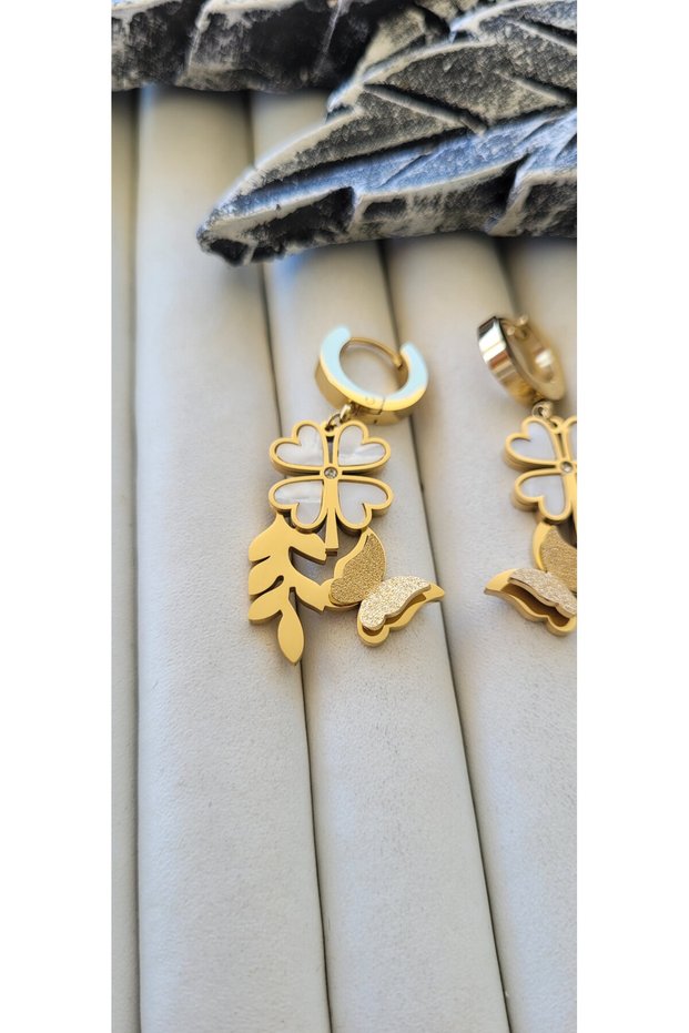 Steel Gold Color White Claveliched Clover, Silvery Butterfly Model Women's Earrings