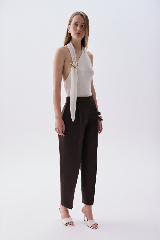 Women's Brown Linen Blend Relax Fit Trousers
