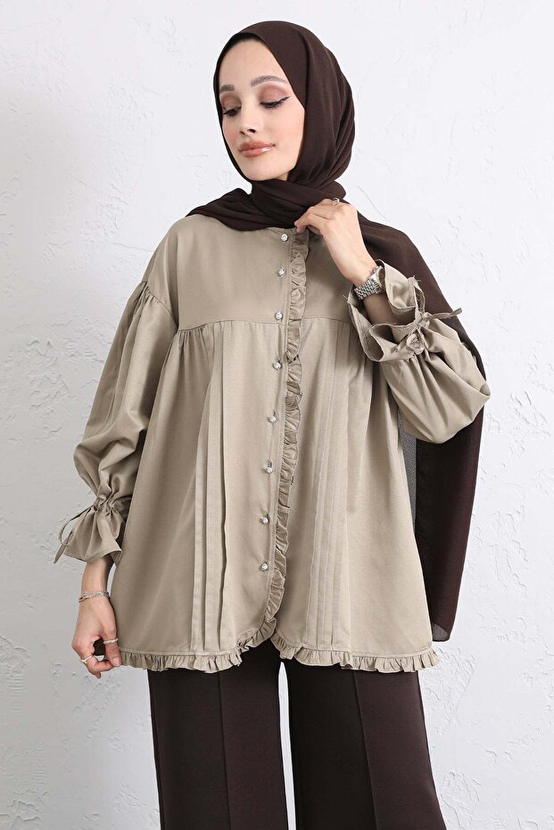 Ruched Sleeve Ruffled Shirt Y0093 - KHAKI