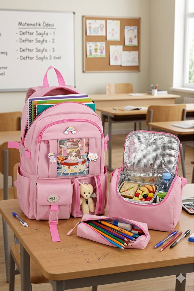 Kawaii Korean Style Elementary School Backpack and Lunch Bag with Accessories Pen Holder Pink