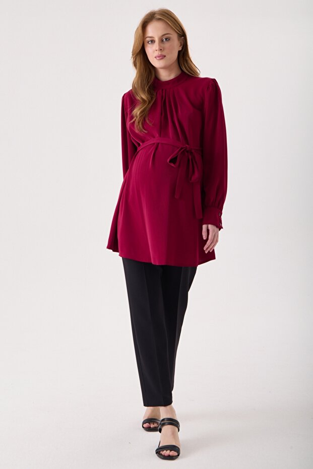 Maternity Jessica Fabric Blouse, Collar Zipper, Sleeves with Button Detail (Burgundy)
