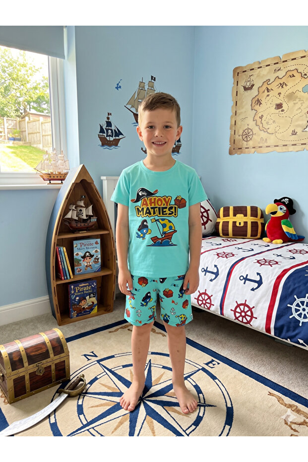 Boy's 100% Cotton Parrot Sailing Ship Patterned Blue Short Sleeve Shorts Summer Pajama Set