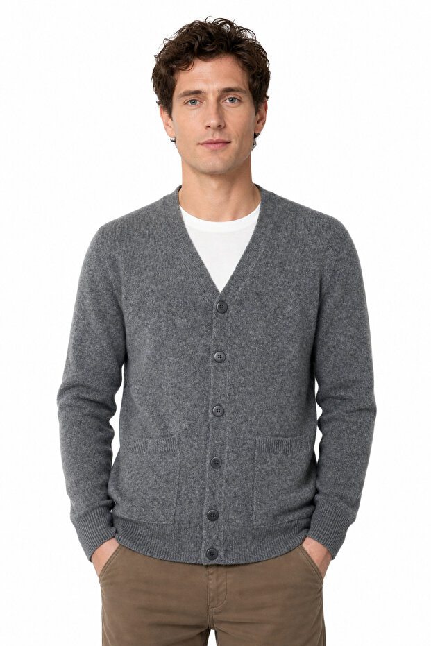 Men's V-Neck Wool Cardigan with Pockets Smoked