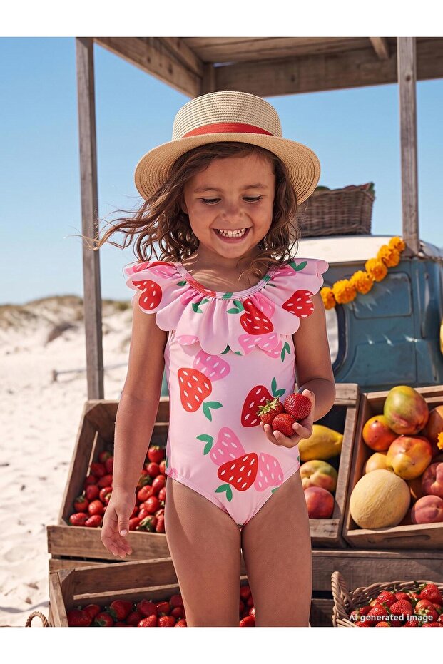 Strawberry Printed Swimsuit Set for 2-12 Years - Pink