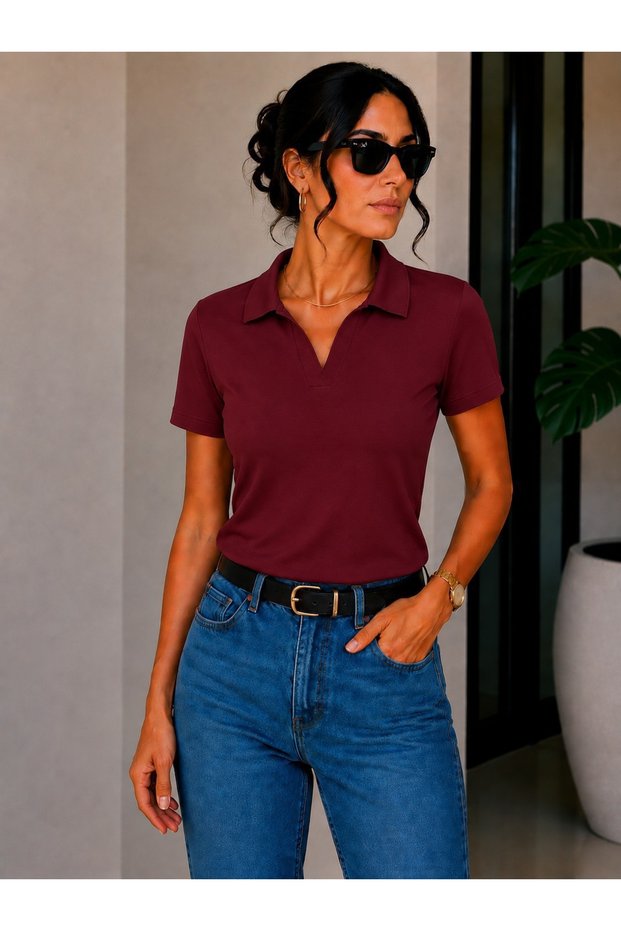 Polo Neck Slim Fit Solid Color Stretch Fabric Cotton Stretchy Short Sleeve T-Shirt/Top Women's Clothing