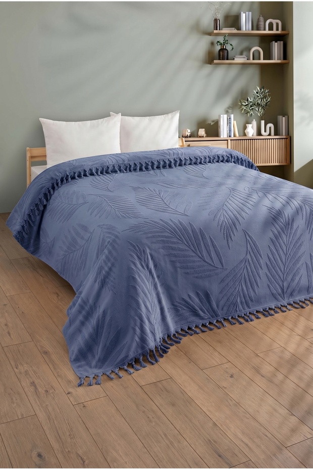 Double Fringed Towel Bedspread - 100% Cotton & Soft & Fringed Pique - Indigo