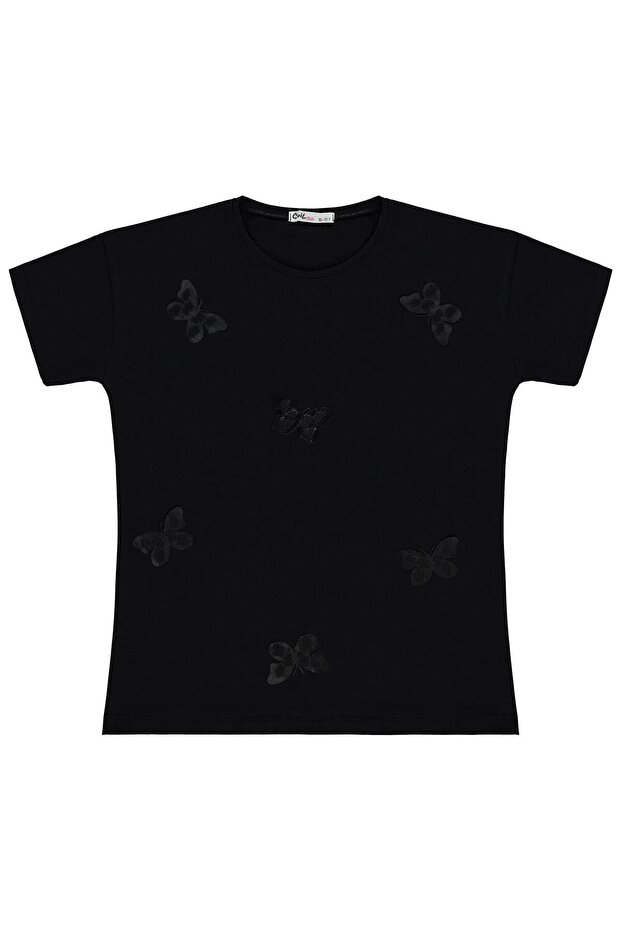 Butterfly Appliqué T-Shirt for 10-13 Years Old - Black