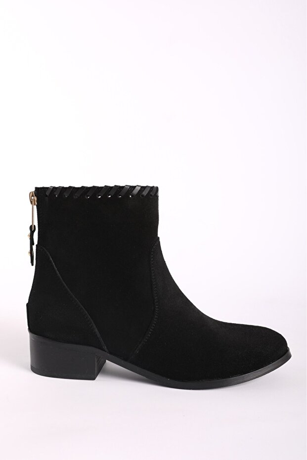 Women's Genuine Leather Back Zipper Thick Heeled Boots Suede Black