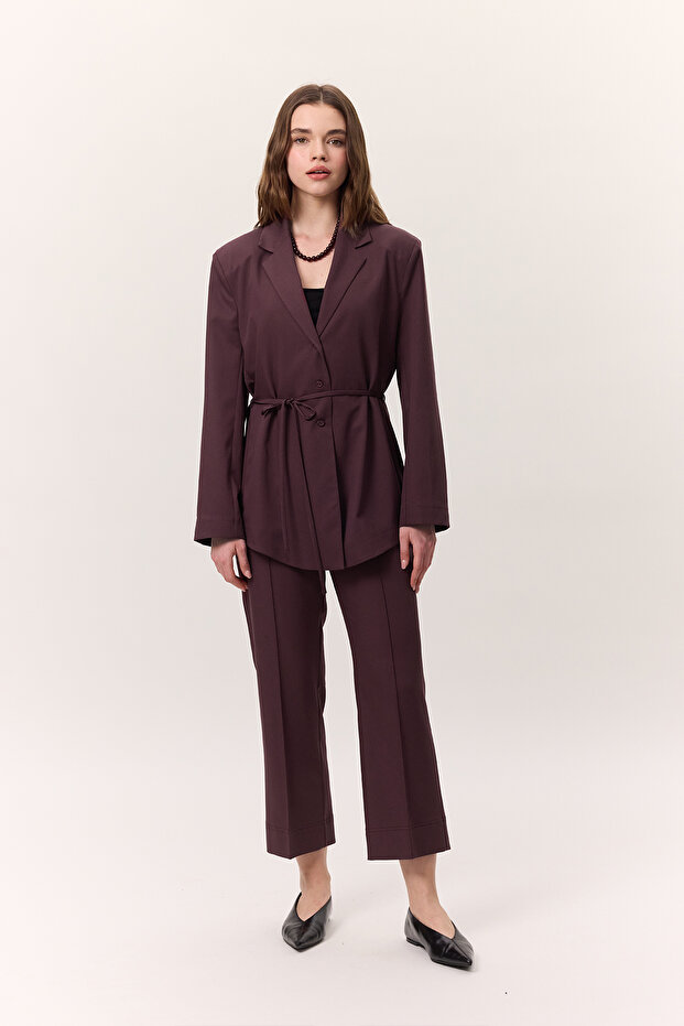 Belted Buttoned Blazer Jacket Burgundy - 7