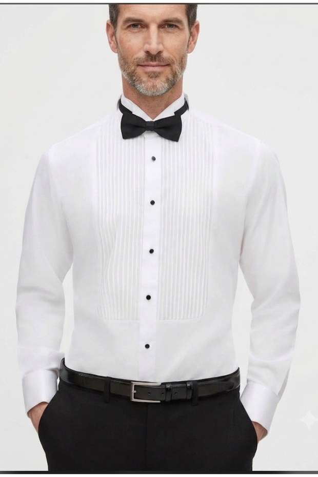 Slim Fit White Cotton Satin Pleated Front Tuxedo Shirt with Cufflinks and Peak Lapel