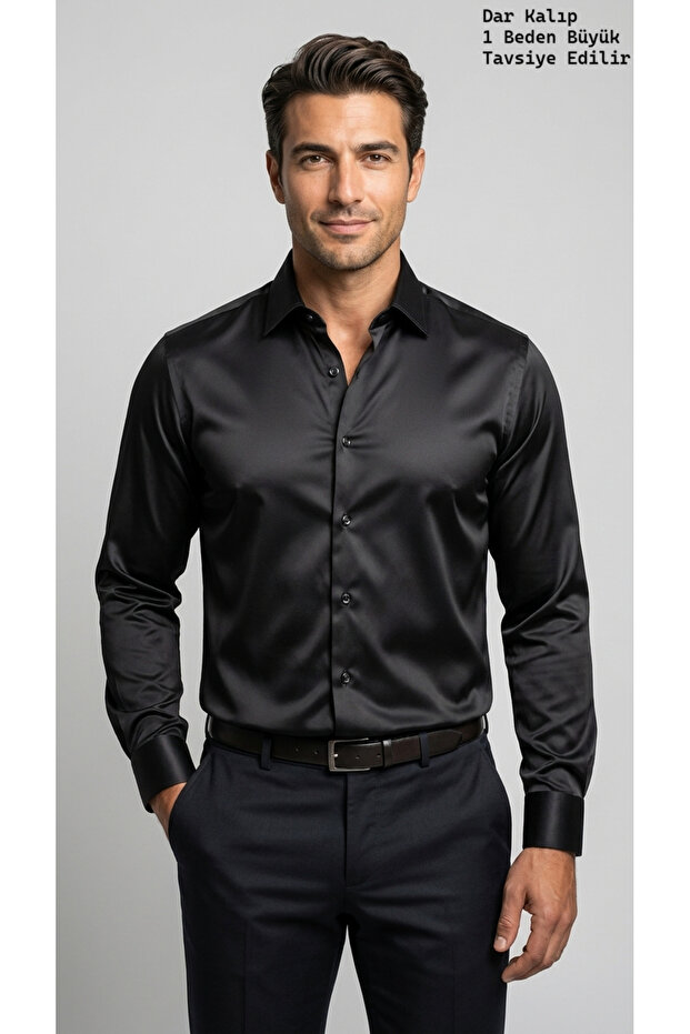 Men's Slim Fit Classic Satin Shirt Long Sleeve Modern Cut