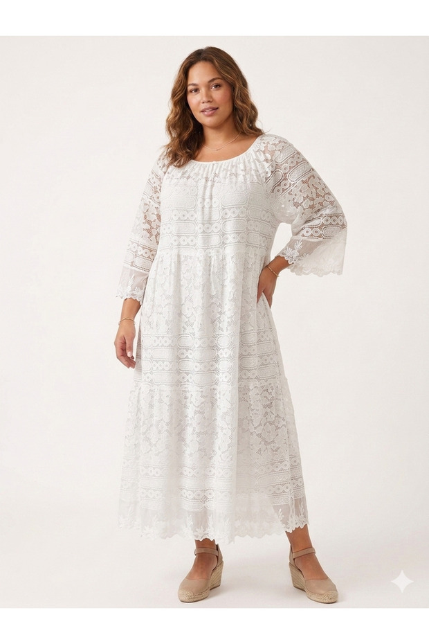 White Italian Plus Size Lace Laced Lined Long Dress 42 - 50 Size