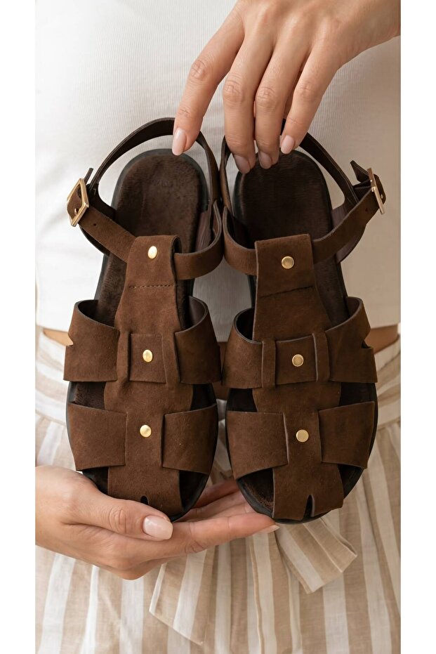 Women's Brown Strappy Buckle Cage Model Suede Sandals 1.5cm Byndsk107