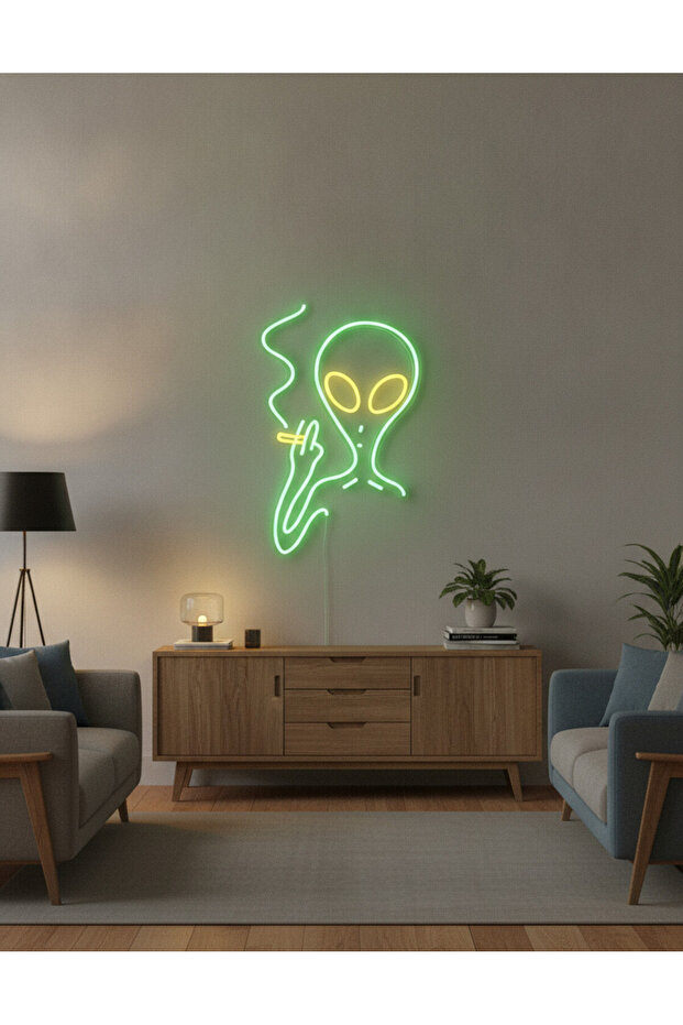 Uzaylı Figürü LED Neon Tablo | Pop Culture Duvar Dekoru | Pleksi Aydınlatmalı Genç Odası Tablosu - 4