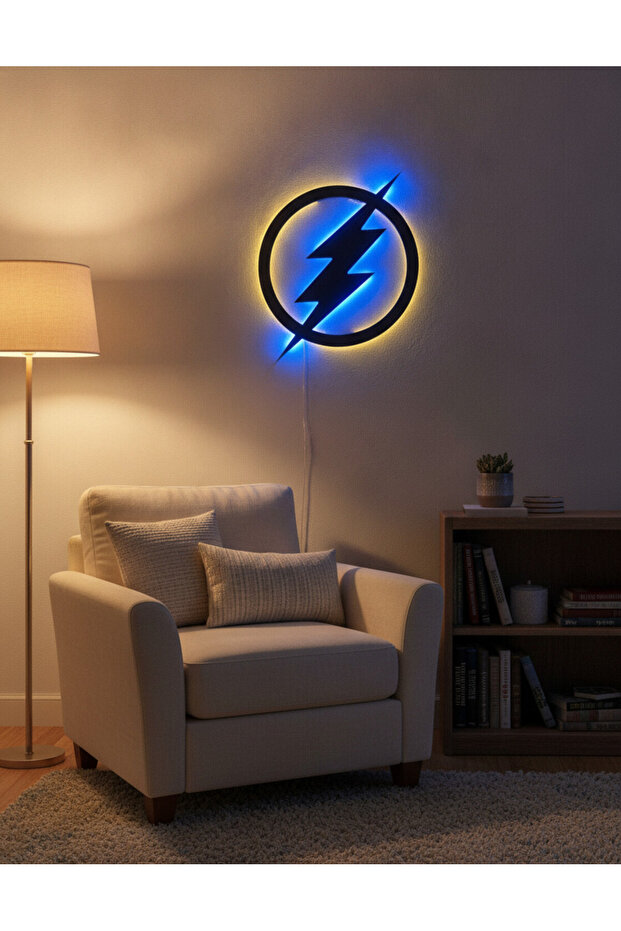 Şimşek Figürü LED Aydınlatmalı Tablo | Modern Soyut Duvar Dekoru | MDF Enerji Temalı Genç Odası Tablosu - 3
