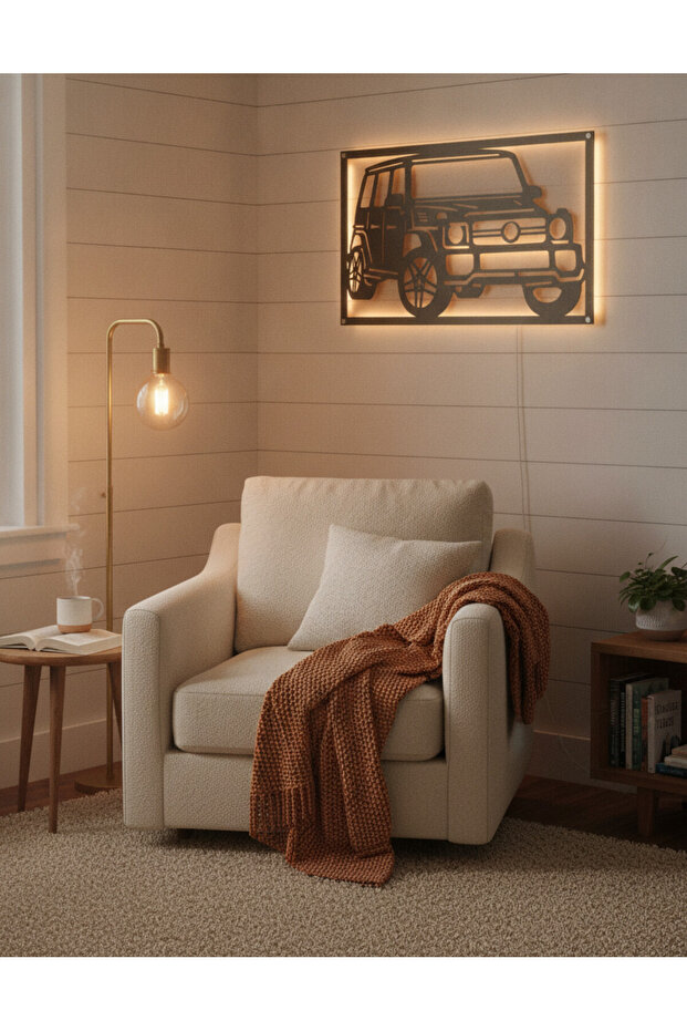 Klasik Araba LED Aydınlatmalı Tablo | Vintage Otomobil Duvar Dekoru | MDF Işıklı Salon ve Garaj Tablosu - 3