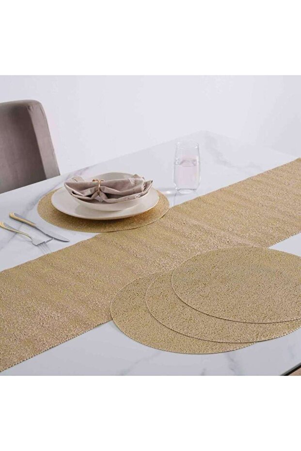 طقم مفارش طاولة ترافلز 4+1 قطعة، قطر 35 سم + 30×150 سم - ذهبي
