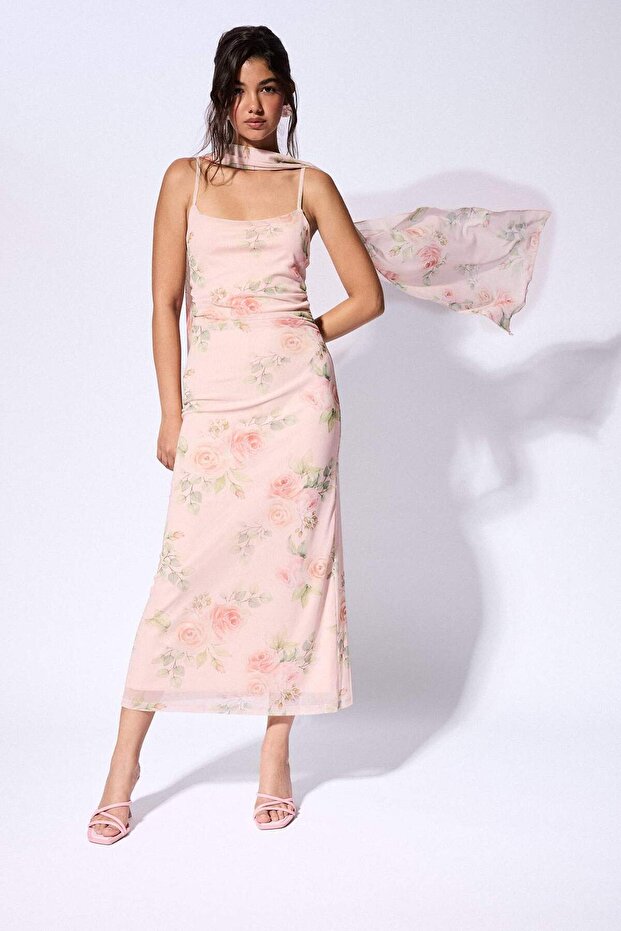 Strappy Floral Pattern Tulle Pink Maxi Dress I0764Ax26Sm