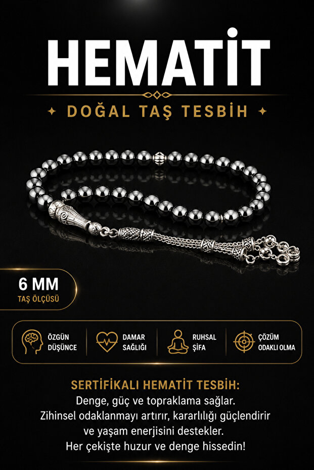 Certified Hematite Natural Stone Rosary 6 Mm, T192