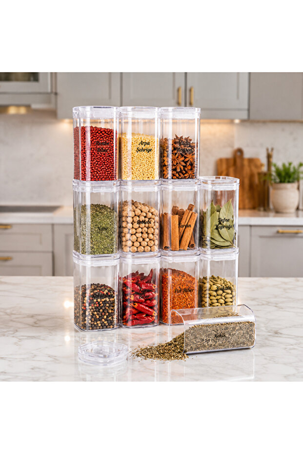 12-Piece Transparent Acrylic Vacuum Lid Spice Jar 300 ml with Label Gift
