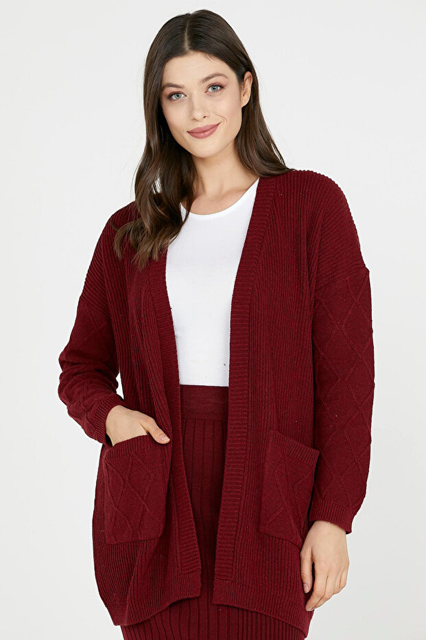Long Knitwear Cardigan with Pockets - Claret Red